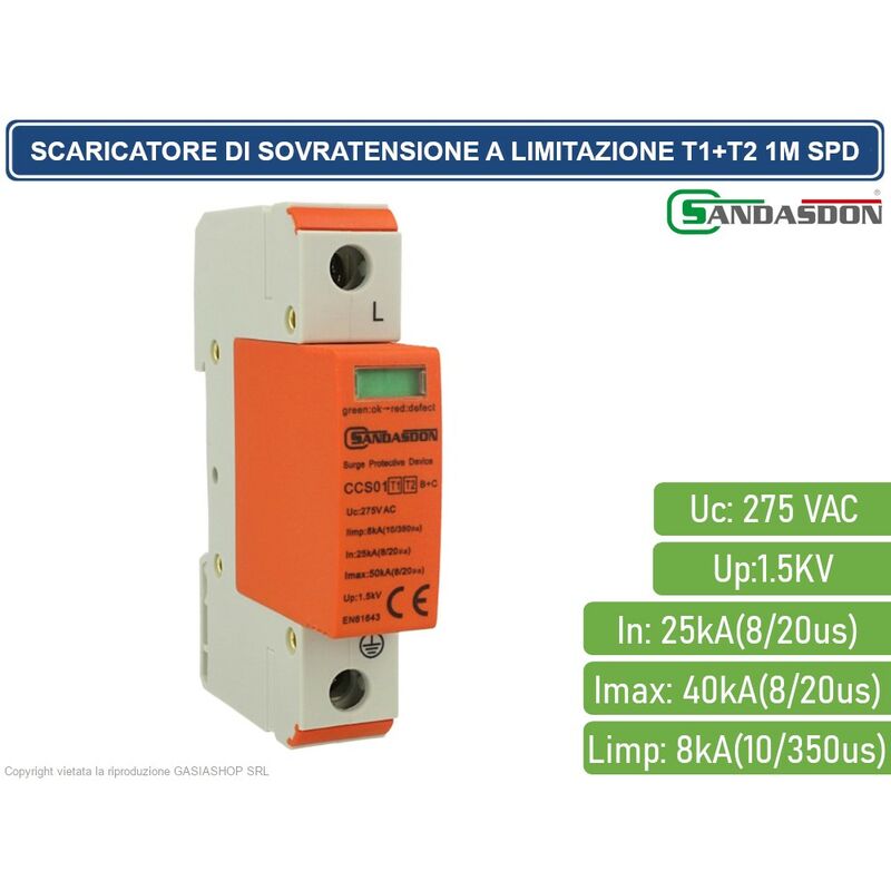foto del prodotto scaricatore limitatore di sovratensione tipo t1 t2 1p 1m spd a limitazione per barra din