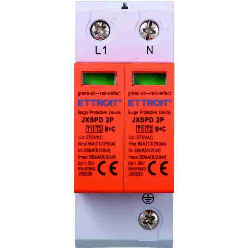foto del prodotto scaricatore limitatore di sovratensione tipo t1 t2 2p 25ka-50ka spd a limitazione per barra din - ettroit