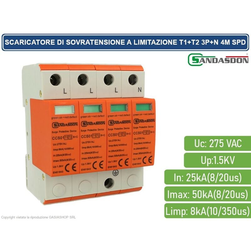 foto del prodotto scaricatore limitatore di sovratensione tipo t1 t2 3p n 4m spd a limitazione per barra din