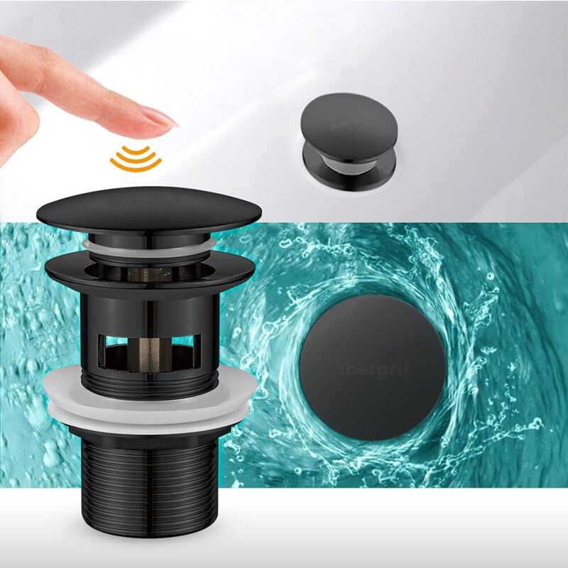 foto del prodotto scarico per lavabo, scarico per lavabo a scomparsa, scarico per lavabo con troppopieno, pop up, nero