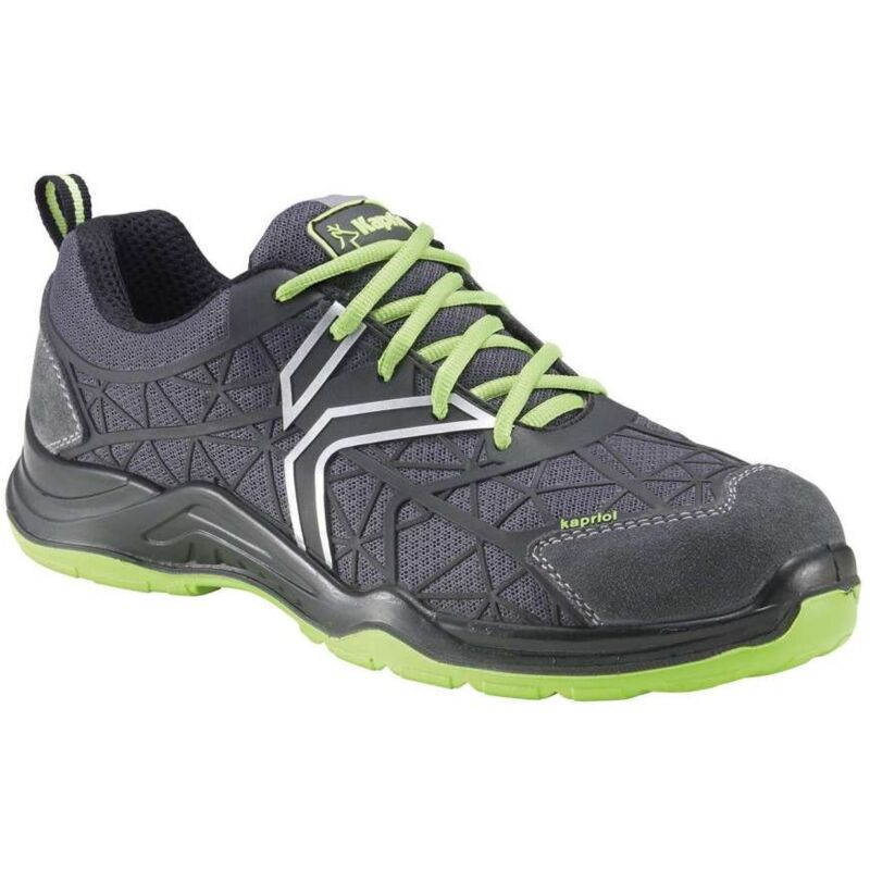 foto del prodotto scarpe antinfortunistiche grigio scuro e verde, taglia 40 suola poliuretano, fodera traspirante, punta in acciaio kapriol