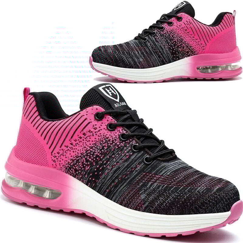 foto del prodotto scarpe antinfortunistiche per uomo e donna, leggere, traspiranti, comode, con puntale in acciaio, nere e rosa, taglia 36