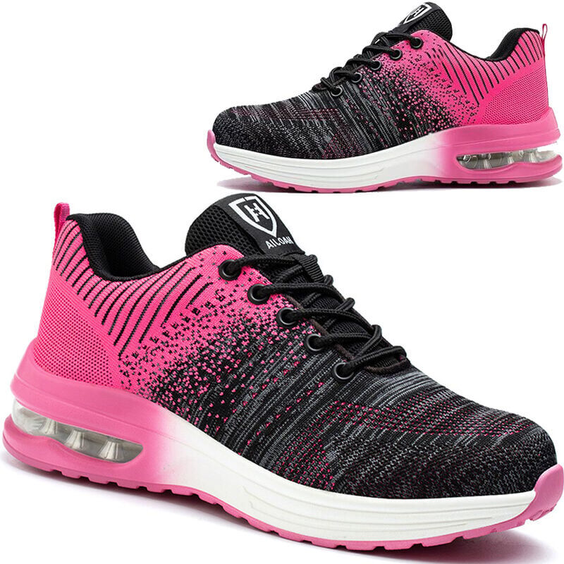 foto del prodotto scarpe antinfortunistiche per uomo e donna, leggere, traspiranti, comode, con puntale in acciaio, nere e rosa, taglia 45