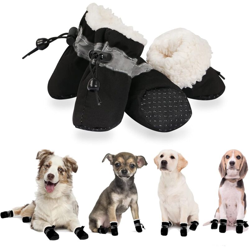 foto del prodotto scarpe invernali per cani, stivali e protezioni per le zampe, stivaletti da neve in pile caldo per cuccioli con striscia riflettente, suola in gomma