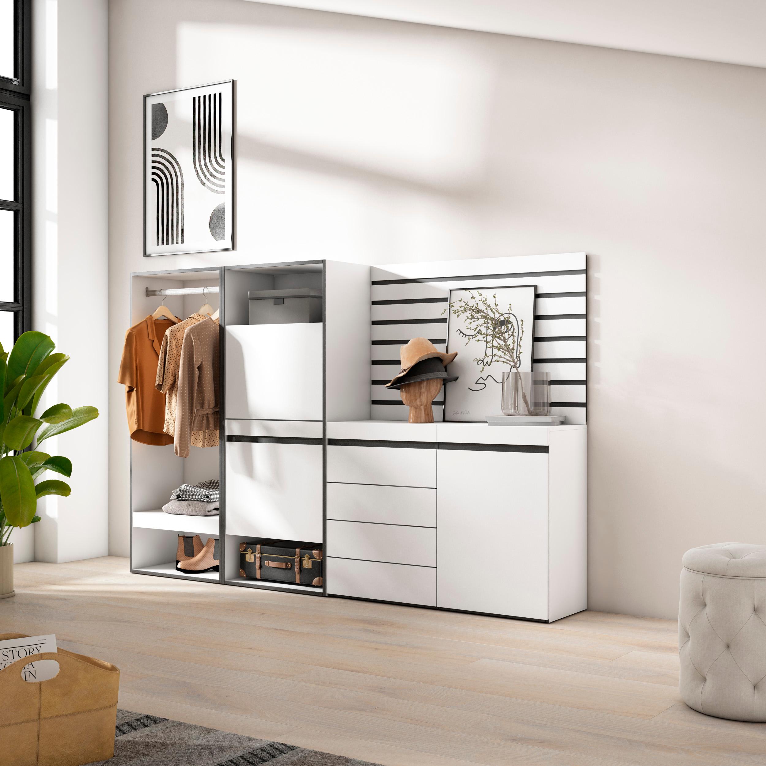 foto del prodotto scarpiera, 227x35x145cm, camera da letto, armadio aperto, cassettiera, pannelli decorativi, bianco rf3501