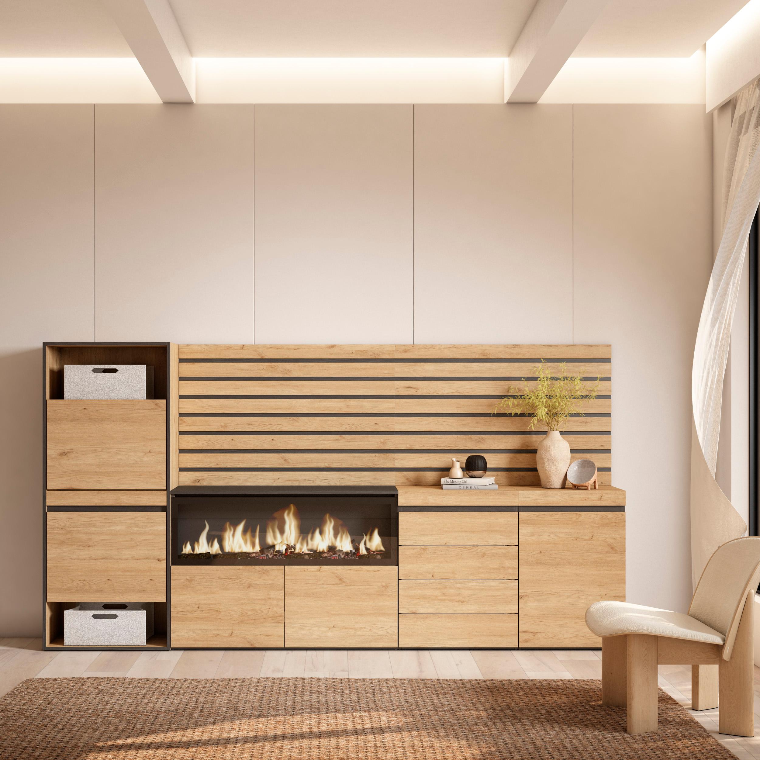 foto del prodotto scarpiera, 274x35x145cm, camera da letto, camino elettrico xxl, cassettiera, pannelli decorativi, colore rovere rf3566