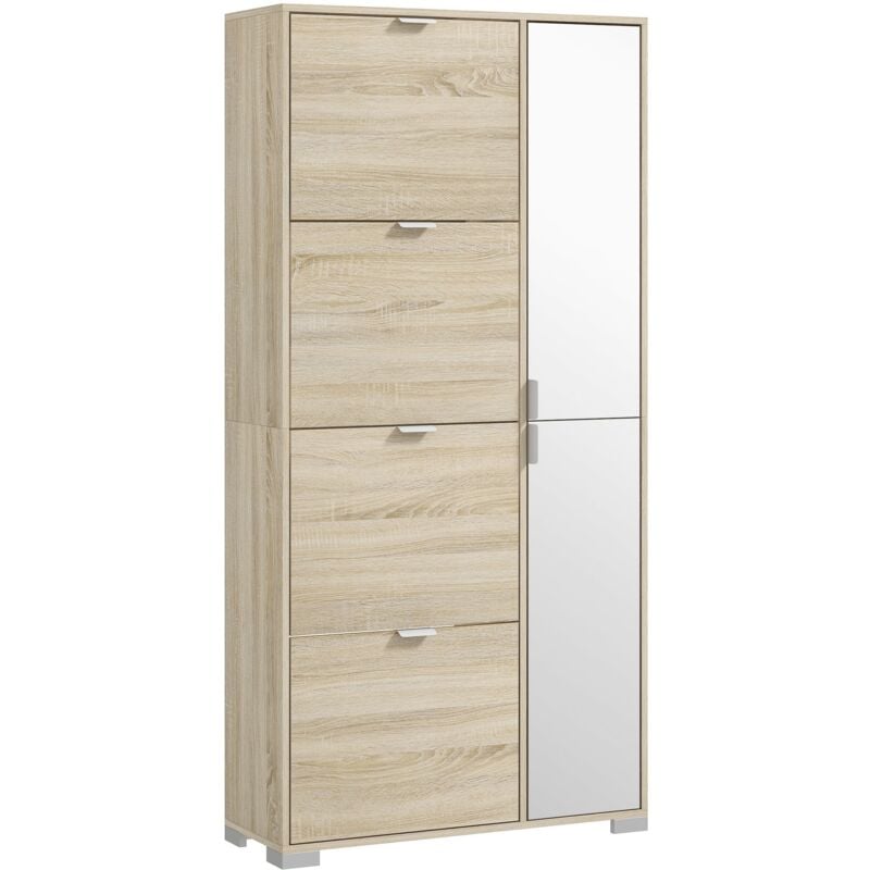 foto del prodotto scarpiera 4 cassetti ribaltabili e 2 armadietti con specchio 16 paia di scarpe 82x30x168 cm rovere