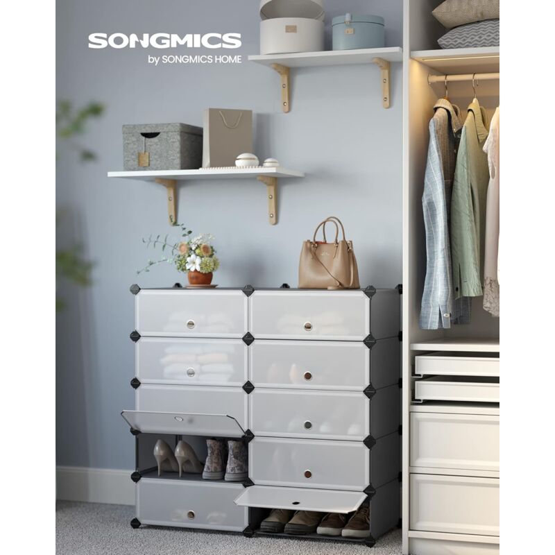 foto del prodotto scarpiera a 10 scomparti, scaffale componibile in plastica, armadietto portascarpe fai da te con ante e martelletto, mobiletto porta scarpe, grigio