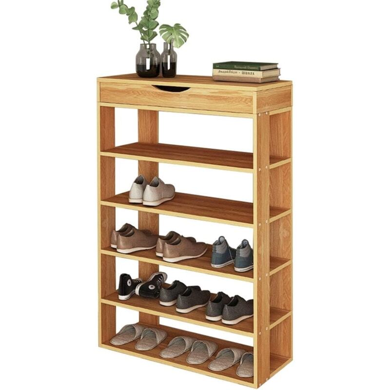foto del prodotto scarpiera a 5 ripiani, contiene 15 20 paia di scarpe, salvaspazio scarpiera da ingresso, 75x24x94 cm, teak soges