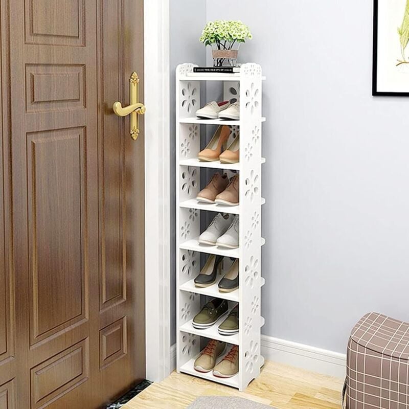 foto del prodotto scarpiera a 8 ripiani in legno e plastica, ripiano portascarpe, 26 x 25 x 111 cm, bianco