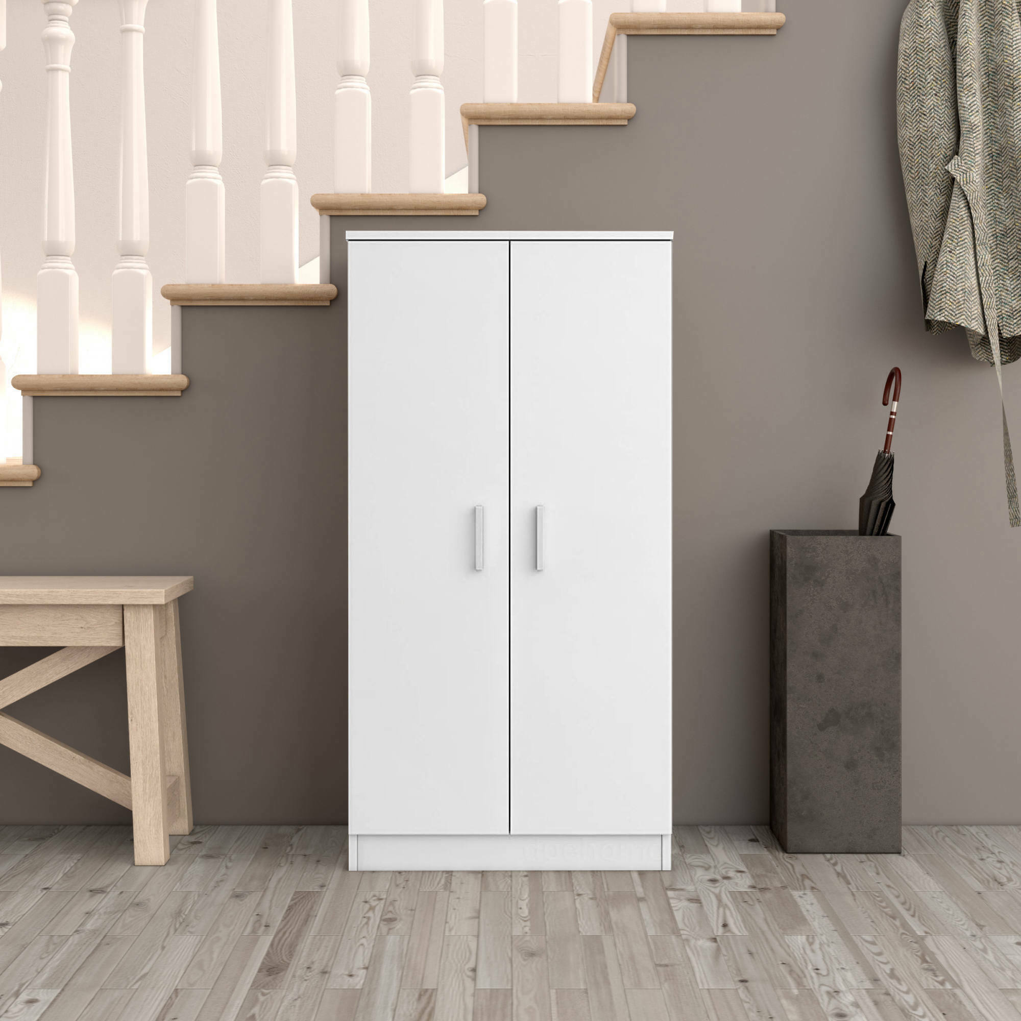 foto del prodotto scarpiera abigaille, armadietto multifunzione, mobiletto portaoggetti con scaffali, scarpiera a due anti e 6 ripiani, cm 55x39h108, bianco