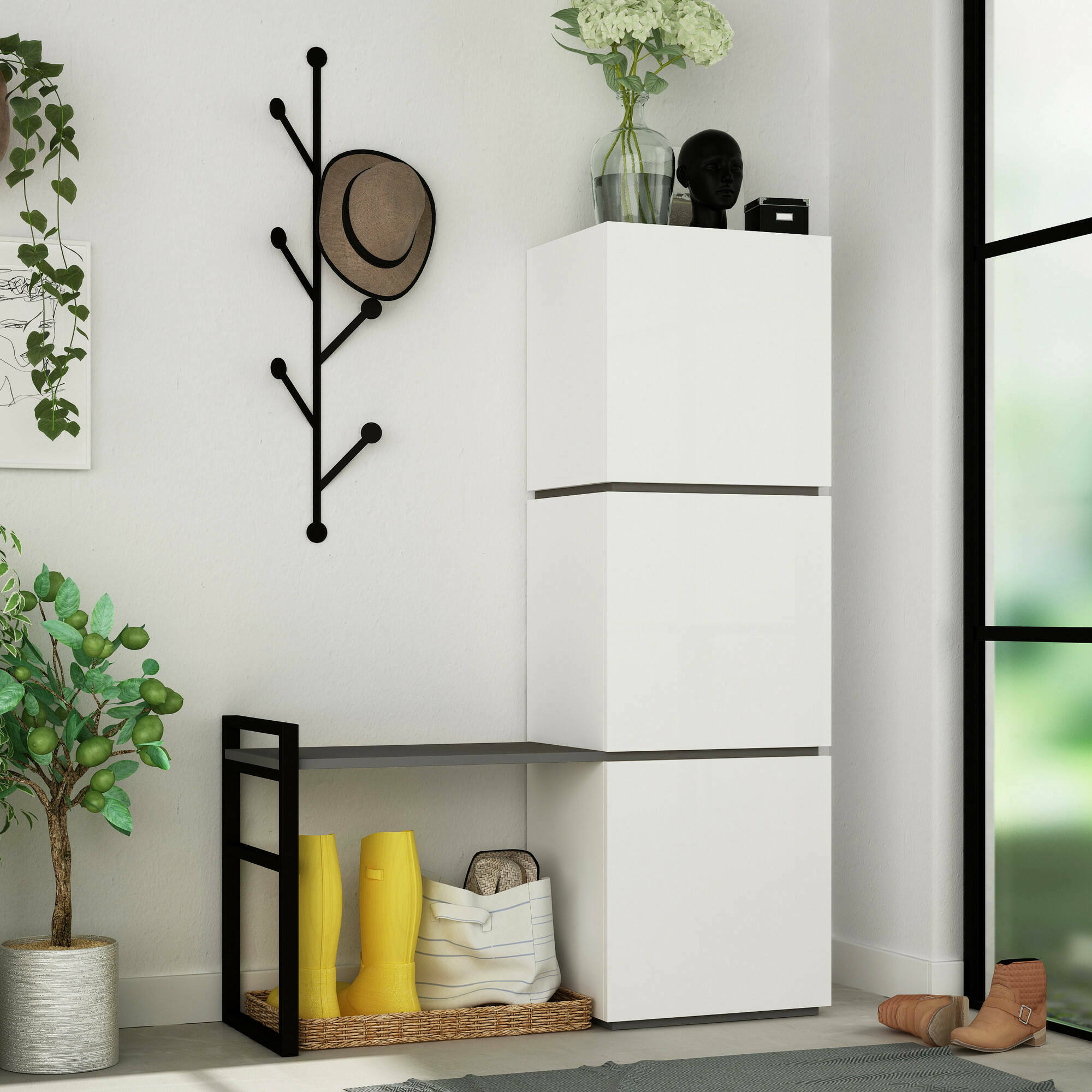 foto del prodotto scarpiera akoni, mobile portascarpe, armadio da ingresso multiuso, mobiletto per calzature, 109x39 h149 cm, bianco e antracite