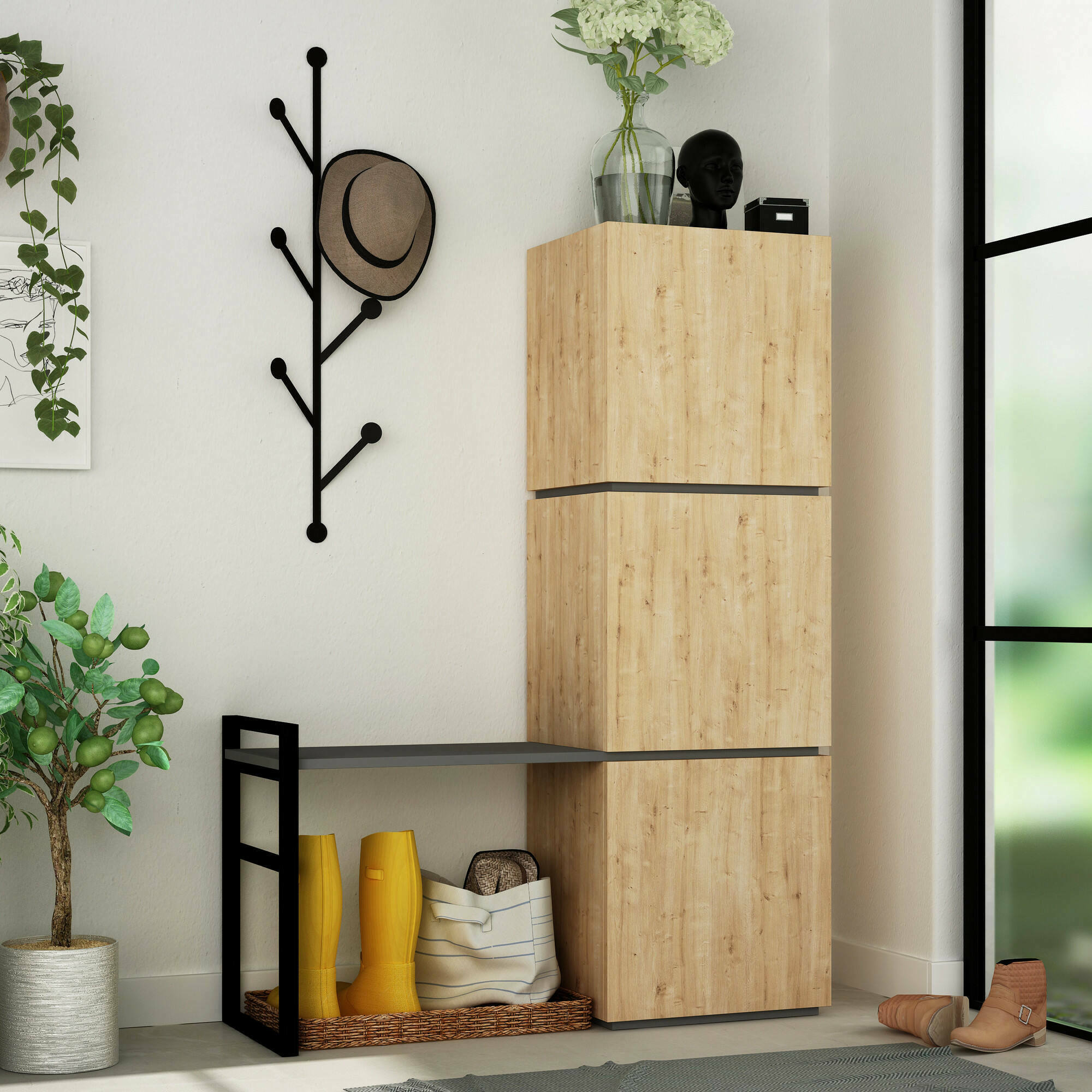 foto del prodotto scarpiera akoni, mobile portascarpe, armadio da ingresso multiuso, mobiletto per calzature, 109x39 h149 cm, quercia e antracite