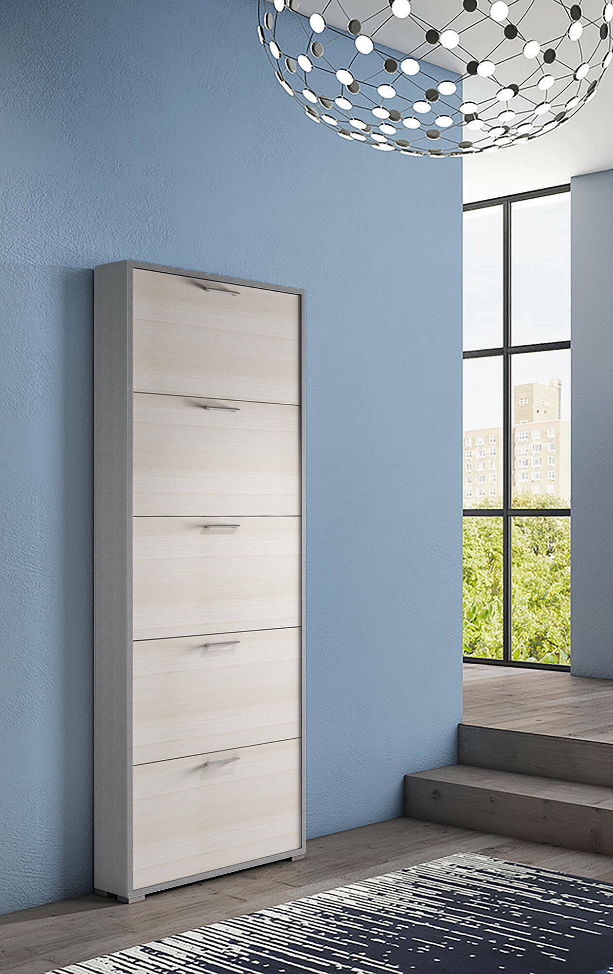 foto del prodotto scarpiera amigo, mobile multiuso da ingresso con 5 ante a ribalta, armadietto portascarpe moderno, made in italy, cm 67x18h184, larice