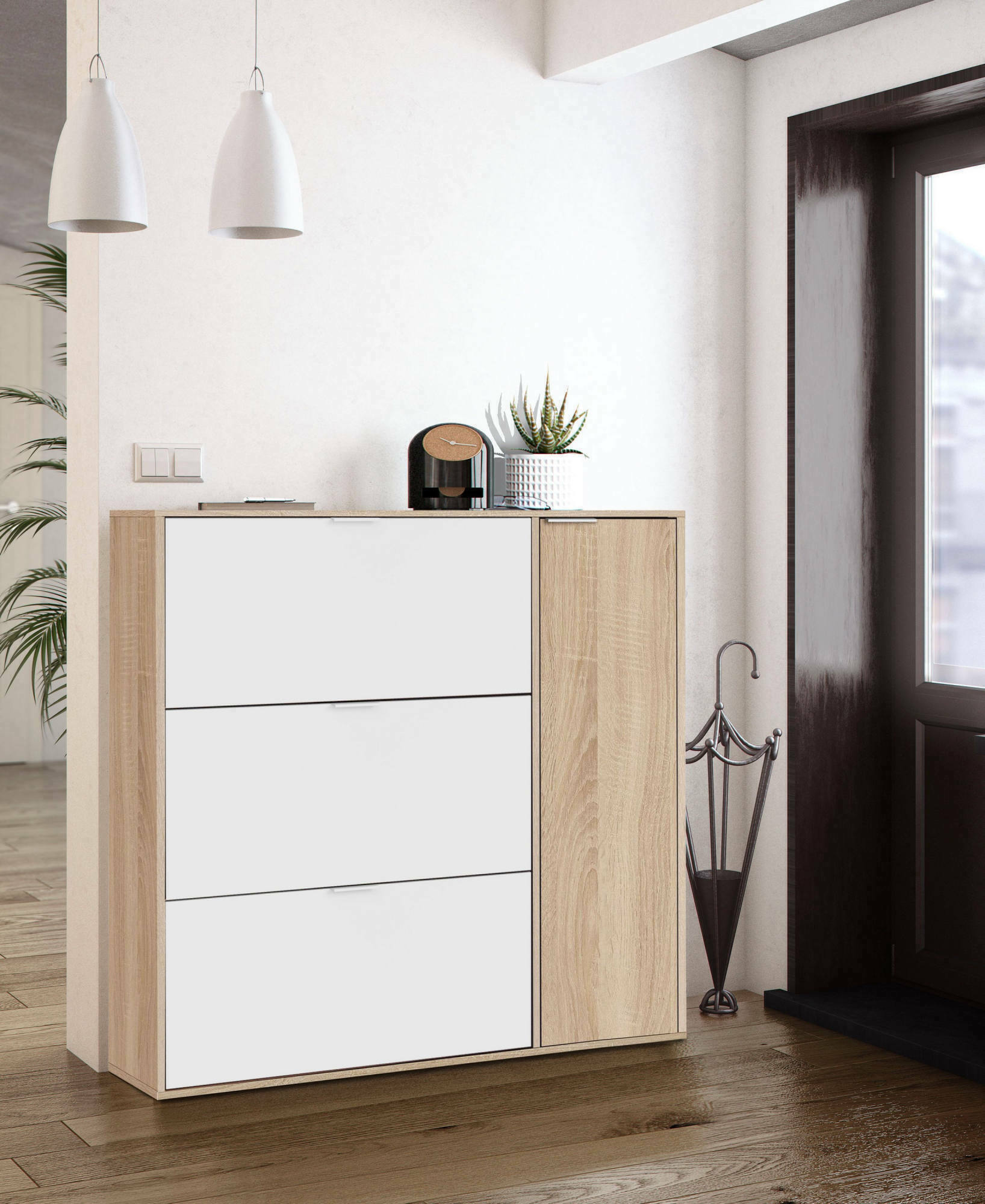foto del prodotto scarpiera ammour, armadio portascarpe a 4 ante, mobile basso multiuso con 5 ripiani, scarpiera moderna, cm 106x22h115, rovere e bianco