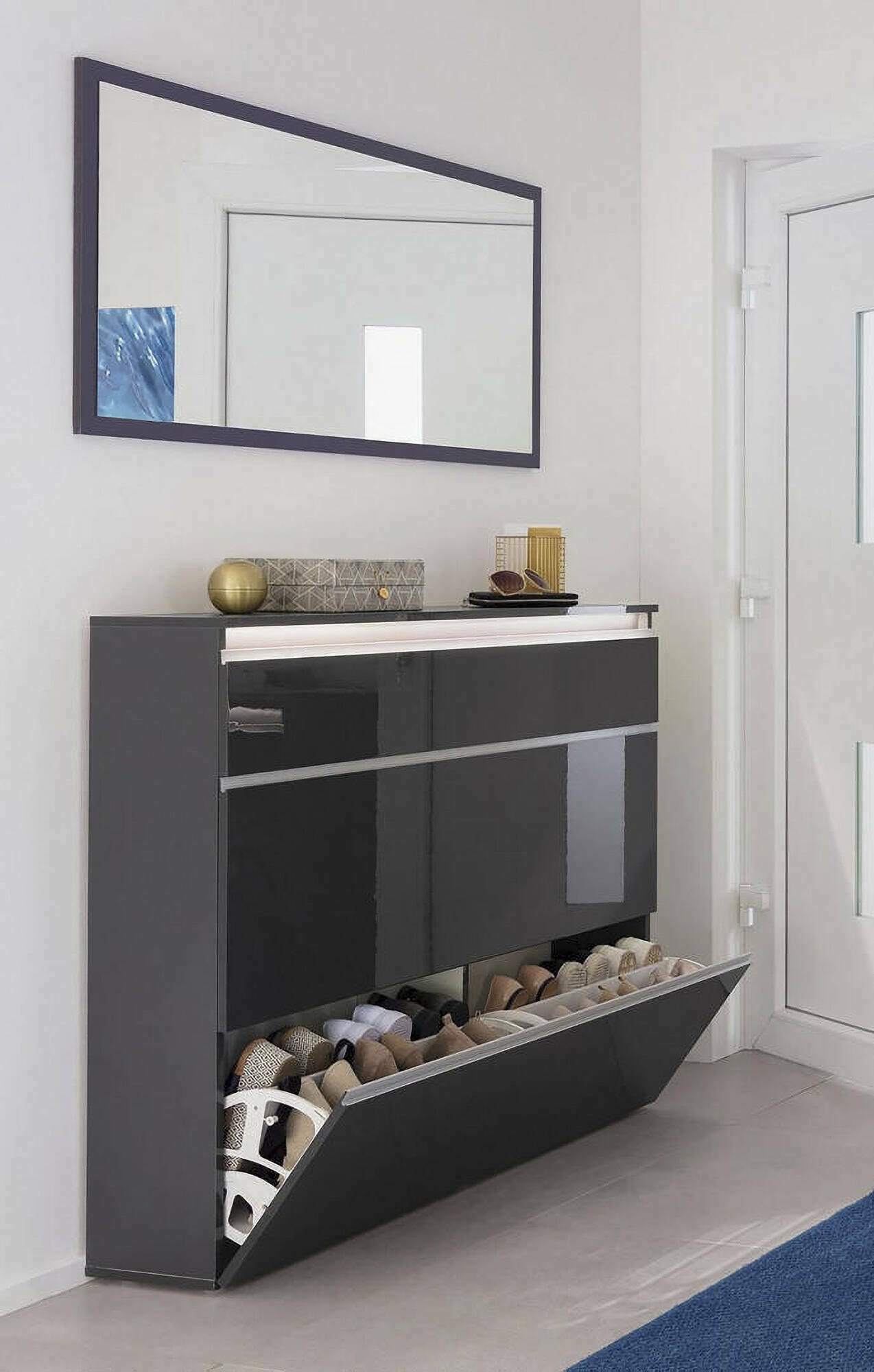 foto del prodotto scarpiera amuri, made in italy, a 2 ante e 1 anta a ribalta, mobile portascarpe da ingresso, cm 120x27h108, antracite lucido