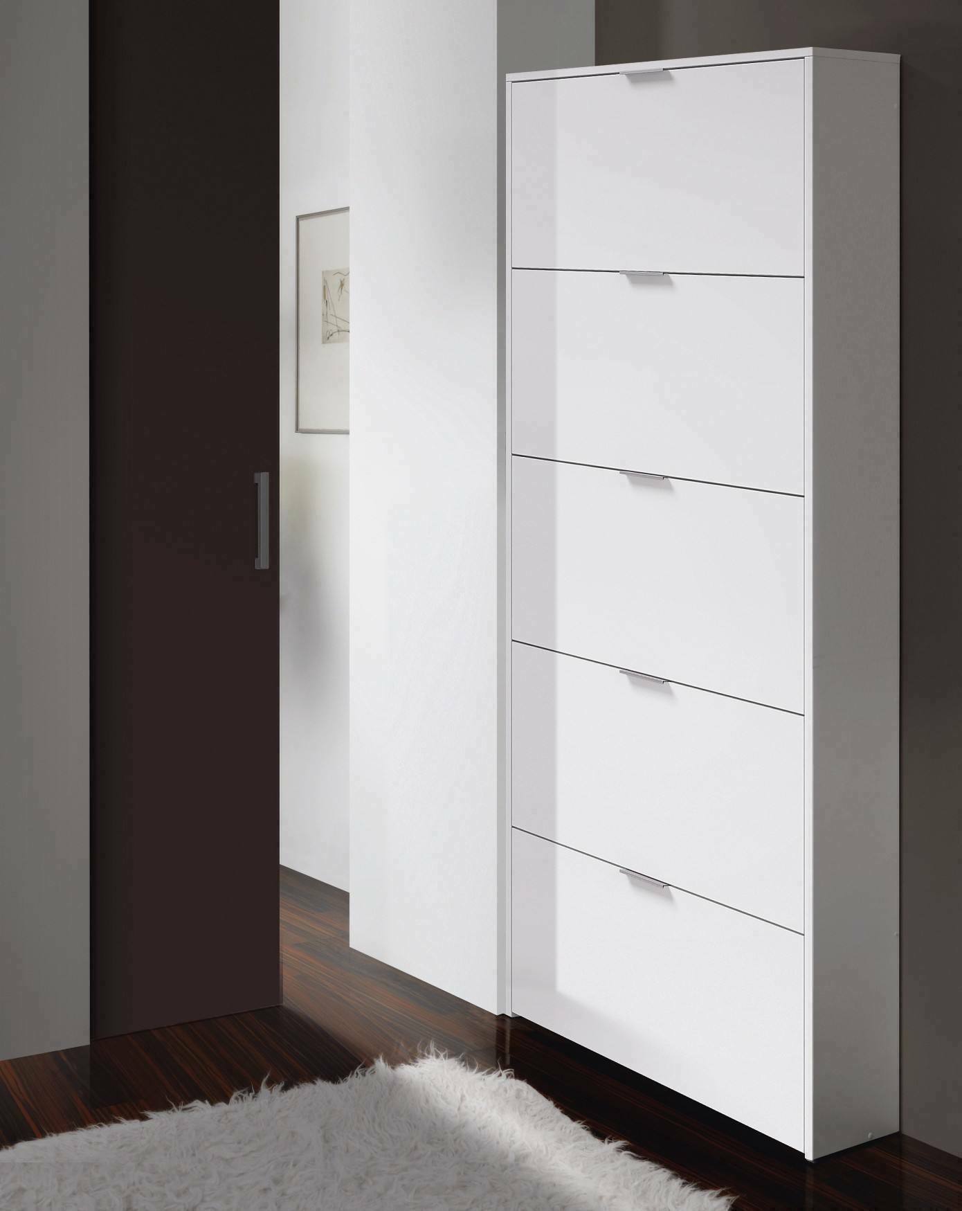 foto del prodotto scarpiera anatra, armadio portascarpe a 5 ante a ribalta, scarpiera alta da ingresso, scarpiera moderna, cm 70x17h180, bianco lucido