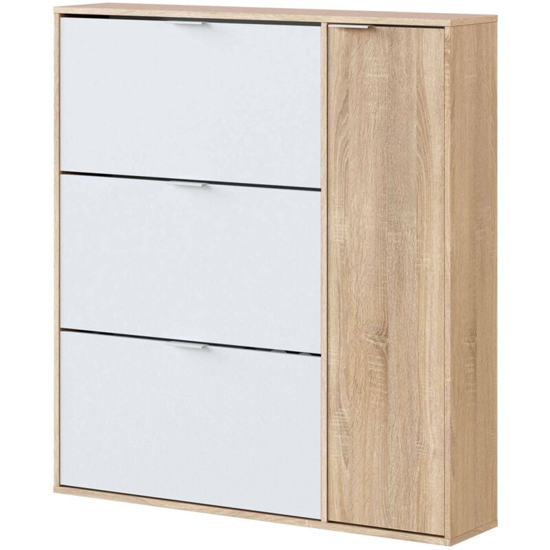 foto del prodotto scarpiera, armadio portascarpe a 4 ante, mobile basso multiuso con 5 ripiani, scarpiera moderna, cm 106x22h115, rovere e bianco