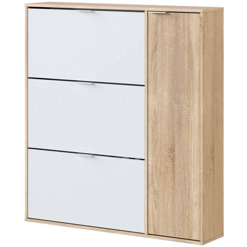 foto del prodotto scarpiera, armadio portascarpe a 4 ante, mobile basso multiuso con 5 ripiani, scarpiera moderna, cm 106x22h115, rovere e bianco