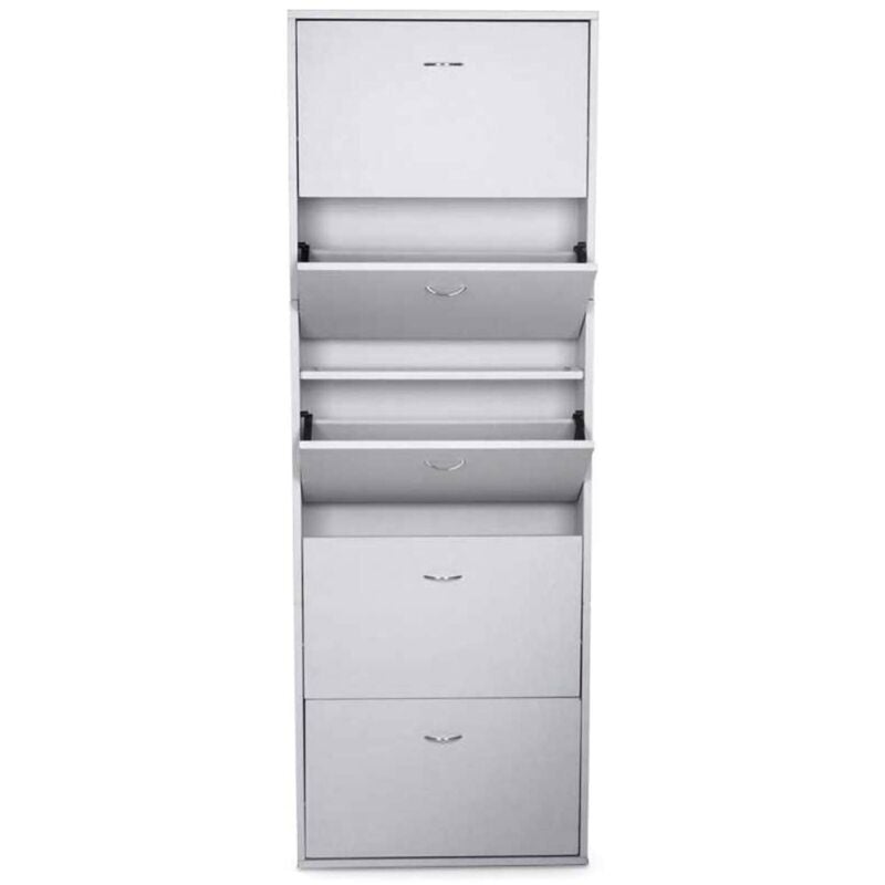 foto del prodotto scarpiera, armadio portascarpe a 5 ante a ribalta, scarpiera alta da ingresso, scarpiera moderna, cm 70x17h180, bianco lucido