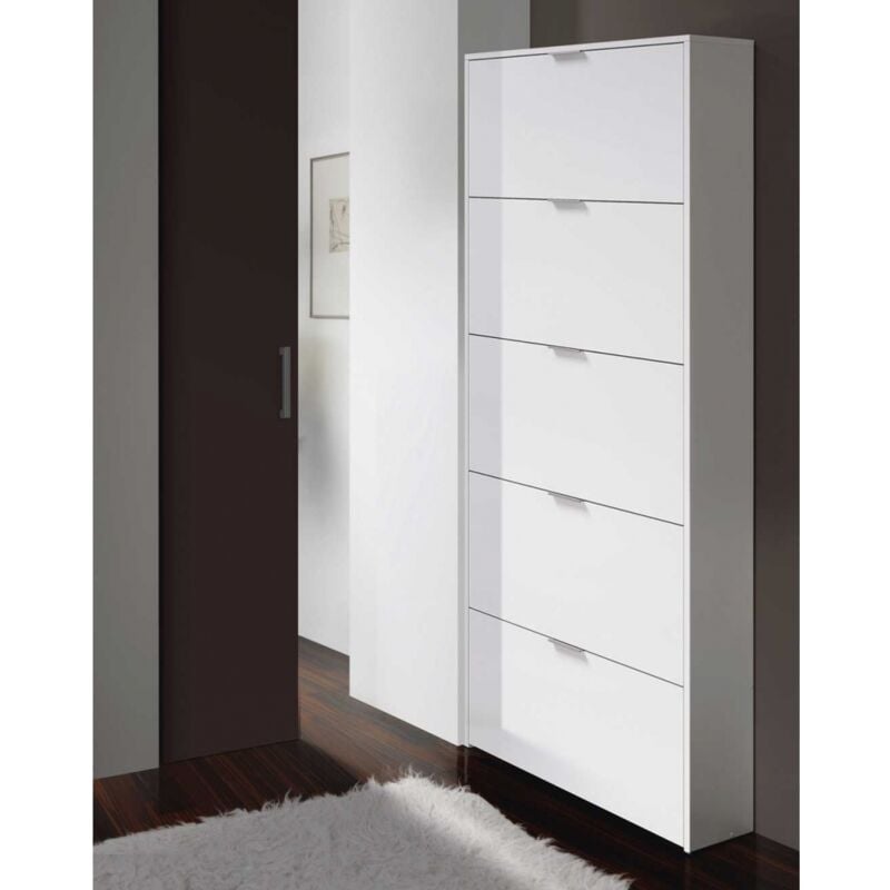 foto del prodotto scarpiera, armadio portascarpe a 5 ante a ribalta, scarpiera alta da ingresso, scarpiera moderna, cm 70x17h180, bianco lucido
