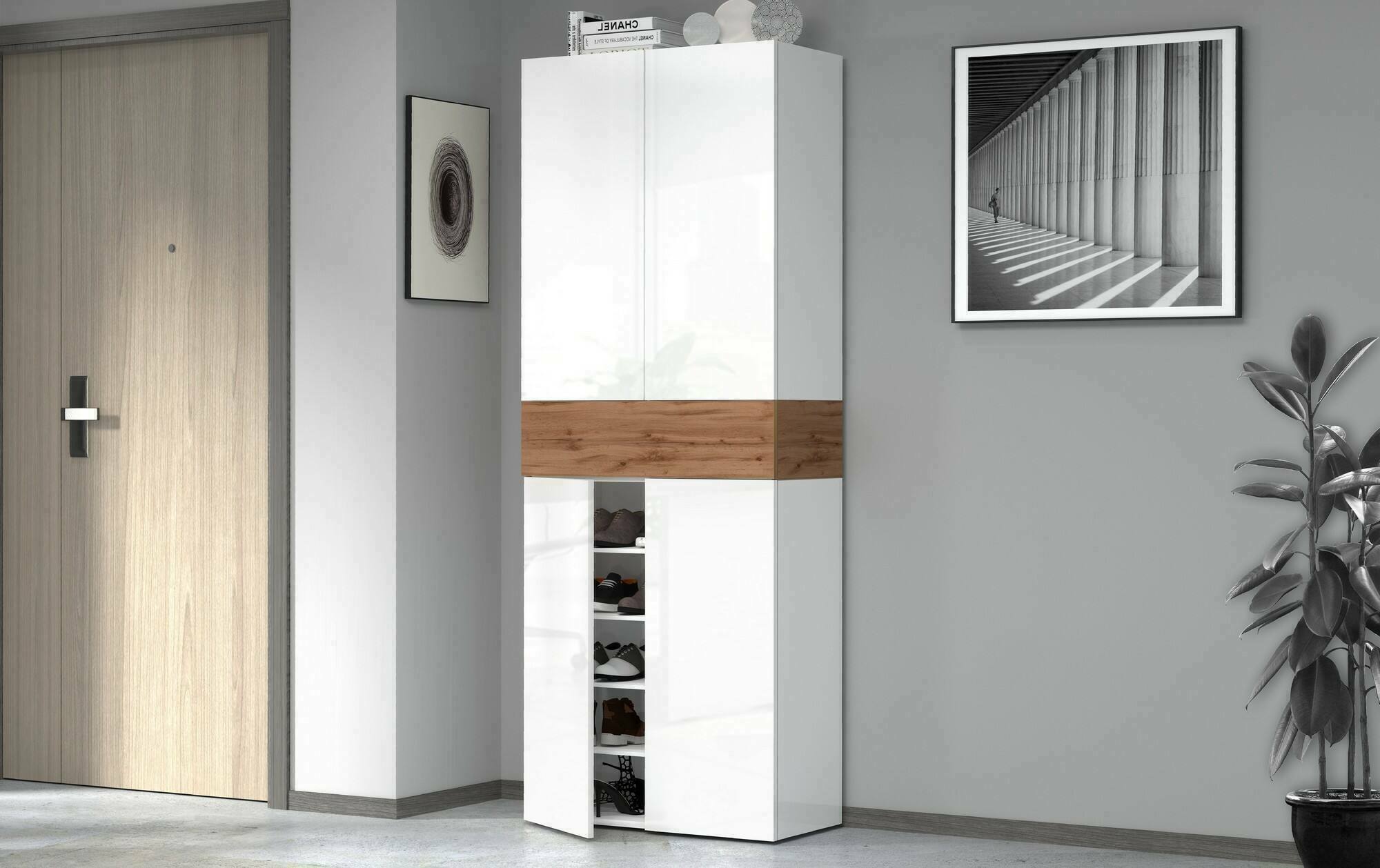 foto del prodotto scarpiera asklol, porta scarpe salvaspazio a 5 ante, armadio multifunzione da ingresso, 76x38h200 cm, bianco e rovere