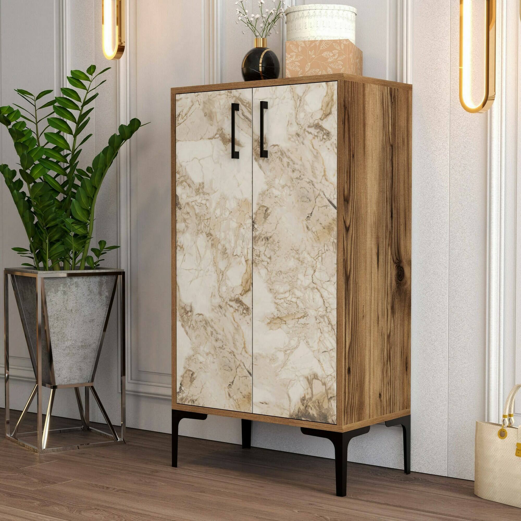 foto del prodotto scarpiera axarix, mobile portascarpe, armadio da ingresso multiuso, mobiletto per calzature, 60x35h111 cm, noce e bianco marmo