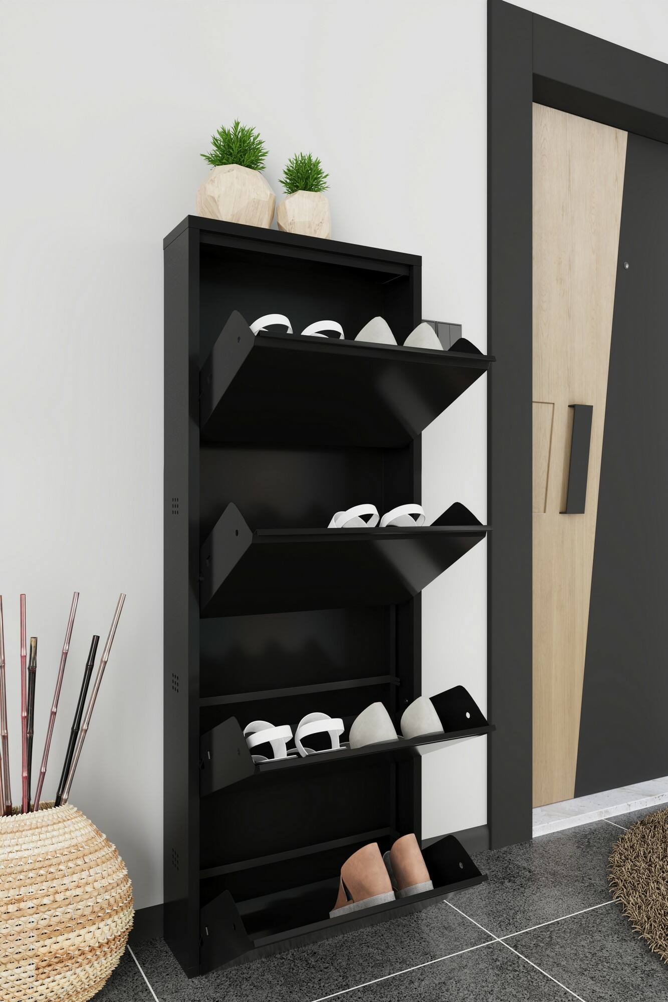 foto del prodotto scarpiera axe, mobile portascarpe in metallo, armadio da ingresso multiuso, mobiletto per calzature, 50x15h138 cm, nero