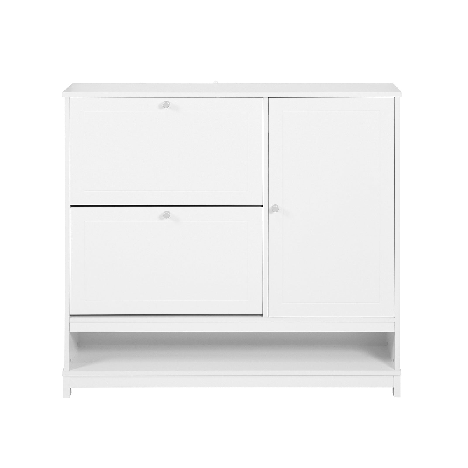foto del prodotto scarpiera con 2 ribalte, 1 vano a giorno e 1 anta, scarpiera stretta, bianco, 102x24x96cm fsr114-w