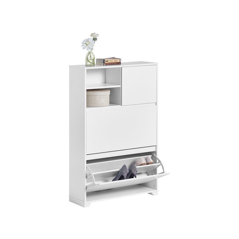 foto del prodotto scarpiera con 2 ribalte, 2 vani a giorno e 1 anta, portascarpe salvaspazio regolabili bianco fsr111 w sobuy