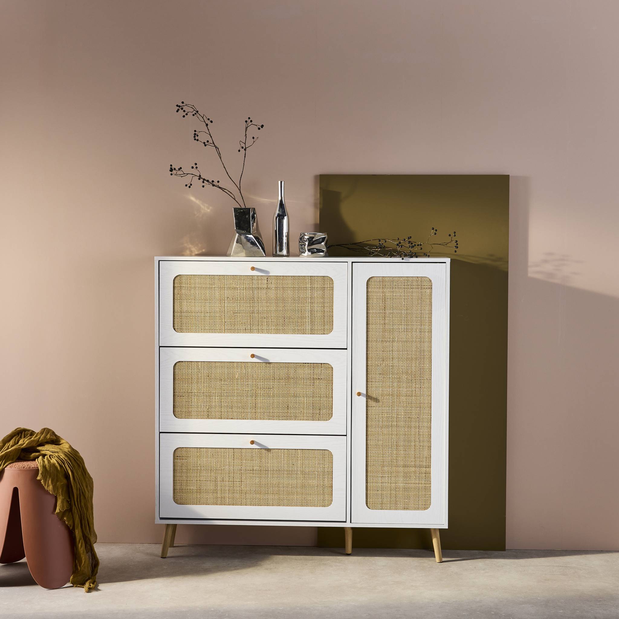 foto del prodotto scarpiera con intreccio 3 cassetti, bianco sporco