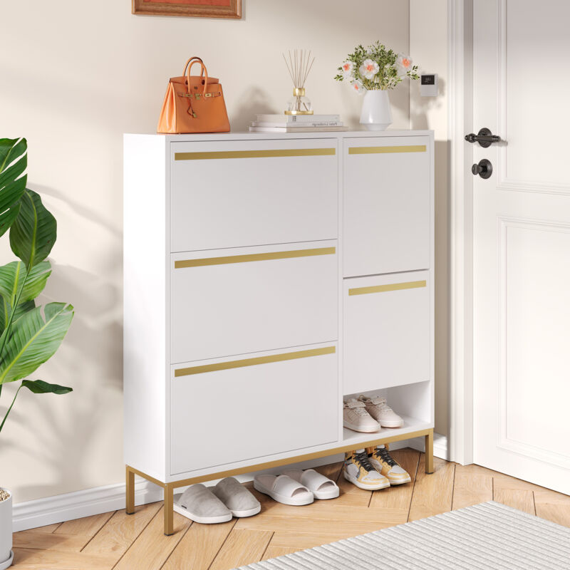foto del prodotto scarpiera con sgabello fasciatoio estensibile, mobili per scarpe, modello flip up, 3 1, 105x25x115,5cm, bianco
