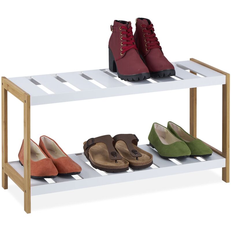 foto del prodotto scarpiera da ingresso, 2 ripiani 6 paia di scarpe, portascarpe 35,5x70x26,5 cm bamb e mdf, bianco naturale, fibra di legno relaxdays