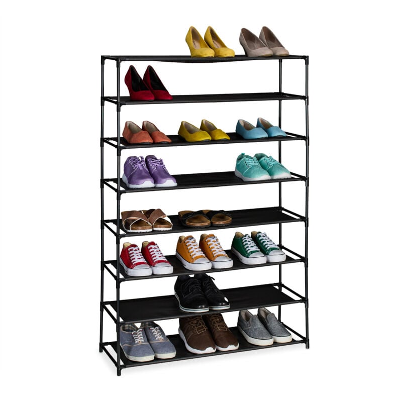 foto del prodotto scarpiera da ingresso e corridoio, portascarpe in metallo e 8 ripiani in tessuto, scaffale porta scarpe, nero relaxdays