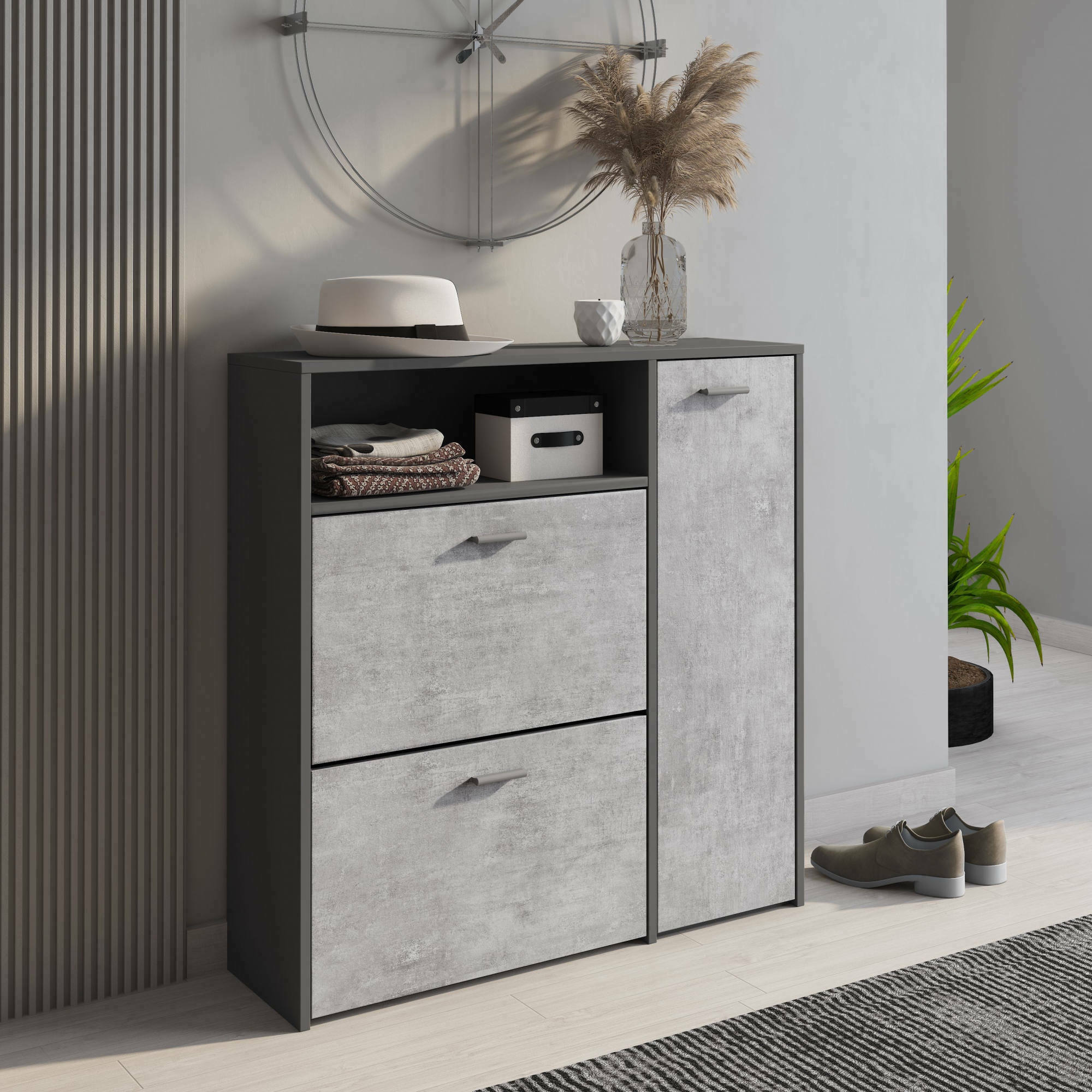 foto del prodotto scarpiera dpinn, portascarpe da ingresso con ripiani, armadietto moderno multiuso a 3 ante, made in italy, cm 91x27h94, antracite e cemento