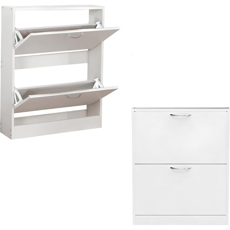 foto del prodotto scarpiera in mdf in 2 o 3 ripiani, con maniglie grigio satinato. adatta per scarpe, stivali e ciabatte. colori rovere o bianco, robustezza
