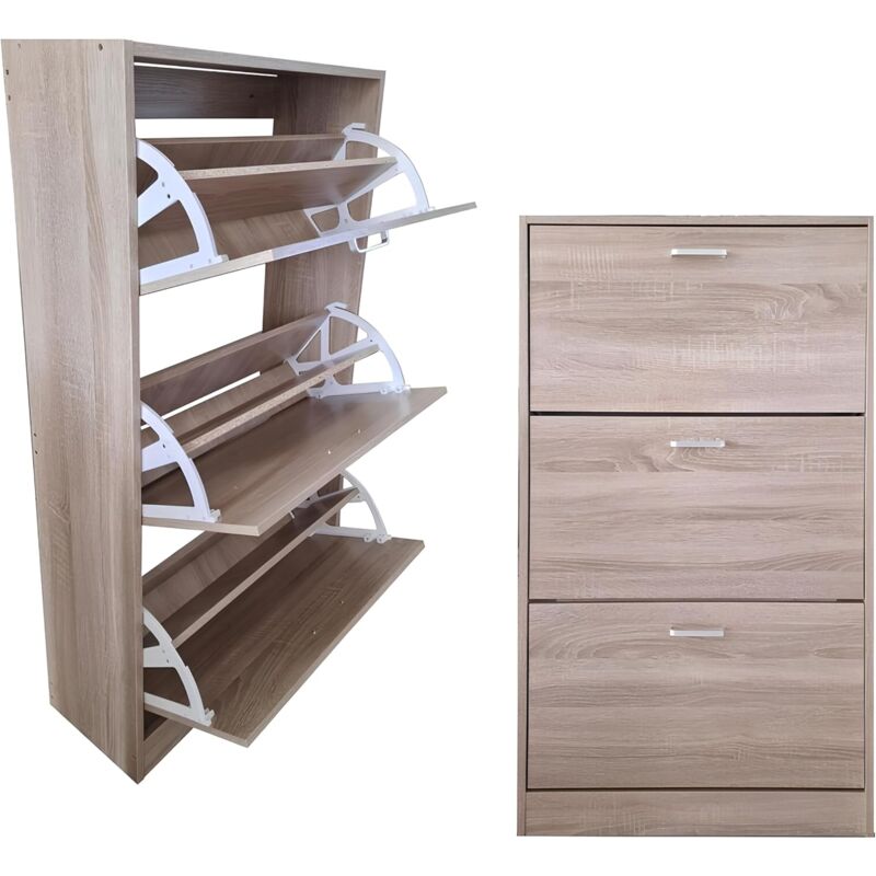 foto del prodotto scarpiera in mdf in 2 o 3 ripiani, con maniglie grigio satinato. adatta per scarpe, stivali e ciabatte. colori rovere o bianco, robustezza