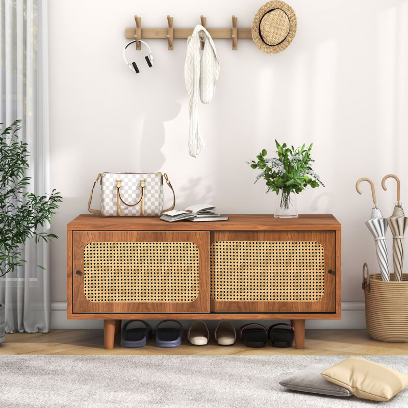 foto del prodotto scarpiera in rattan con 2 ante con ripiano regolabile, colore noce, attraente scarpiera per corridoio, soggiorno e camera da letto, 1044048 cm okwish