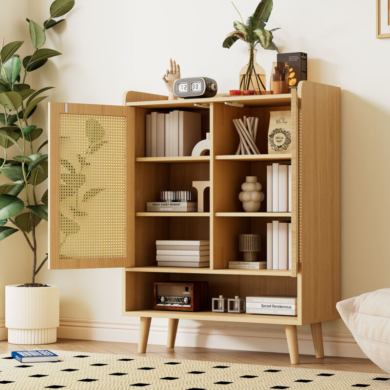 foto del prodotto scarpiera in rattan con 2 ante e 5 ripiani, con maniglie in legno e gambe in legno massello, rovere chiaro