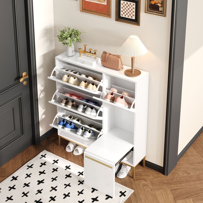 foto del prodotto scarpiera ingresso 105x25x115,5cm con spazio di archiviazione aperto, scarpiera ribaltabile con panca per scarpe, mdf, bianco e oro
