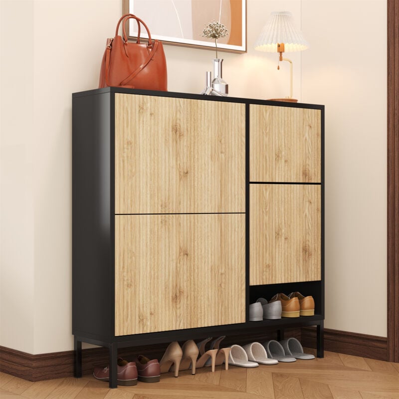 foto del prodotto scarpiera ingresso 105x25x115,5cm con spazio di archiviazione aperto, scarpiera ribaltabile con panca per scarpe, mdf, nero e naturali
