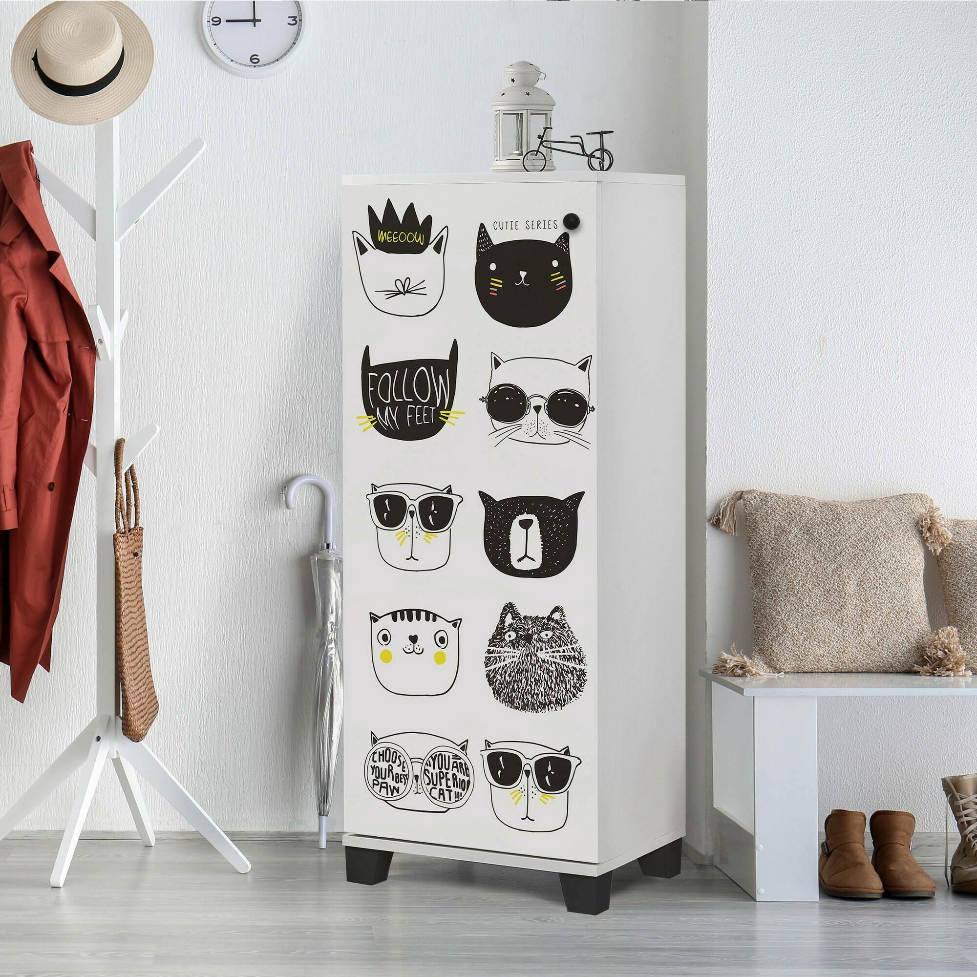 foto del prodotto scarpiera kika, mobile portascarpe, armadio da ingresso multiuso, mobiletto per calzature, 50x38 h127 cm, bianco e nero