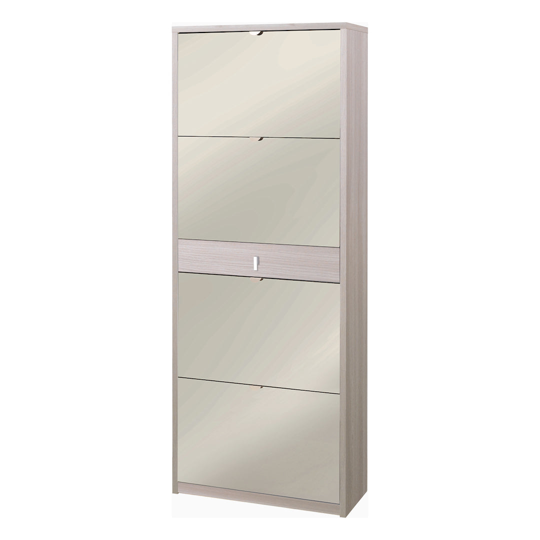 foto del prodotto scarpiera mobile 4 ante con specchio e 1 cassetto centrale 63x29x164h cm in kit di montaggio colore olmo chiaro
