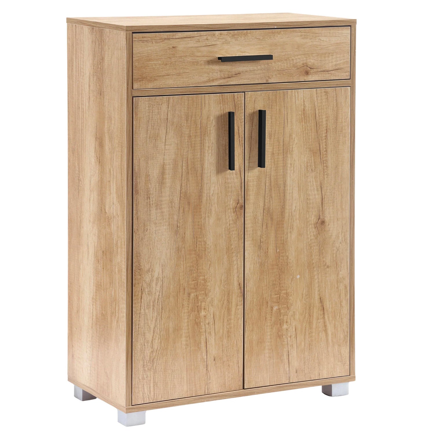 foto del prodotto scarpiera mobile salvaspazio 2 ante 1 cassetto 63x33x95h cm in melaminico venato a rilievo rovere naturale