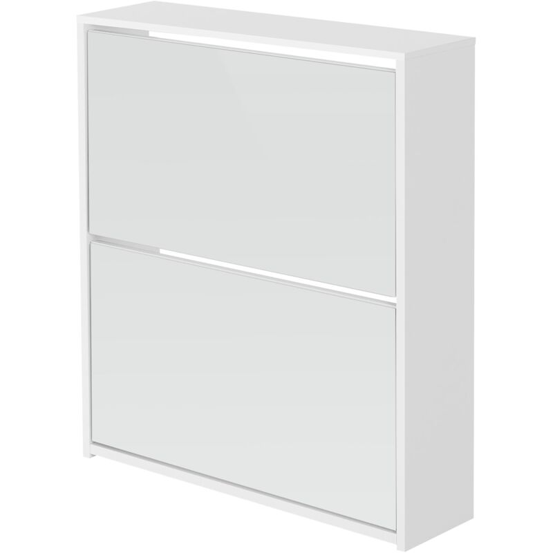 foto del prodotto scarpiera moderna bianca con 2 scomparti per 6 paia di scarpe armadietto con specchio 63 x 17 x 67 cm in legno mobiletto portascarpe ribaltabile da