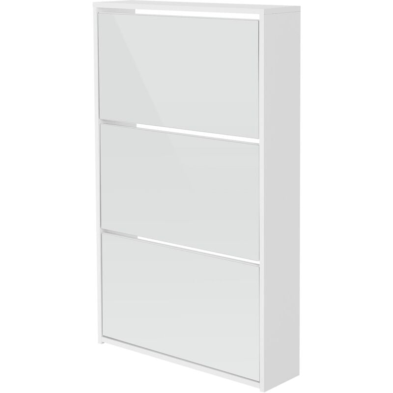 foto del prodotto scarpiera moderna bianca con 3 scomparti per 9 paia di scarpe armadietto con specchio 63x17x102,5 cm in legno mobiletto portascarpe ribaltabile da