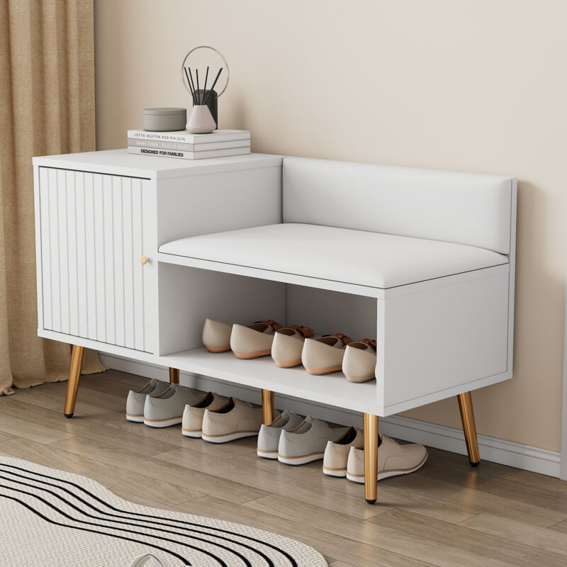 foto del prodotto scarpiera moderna di lusso in bianco con contenitore, panca con schienale imbottito, gambe in metallo e maniglie, 100 x 38 x 58 cm