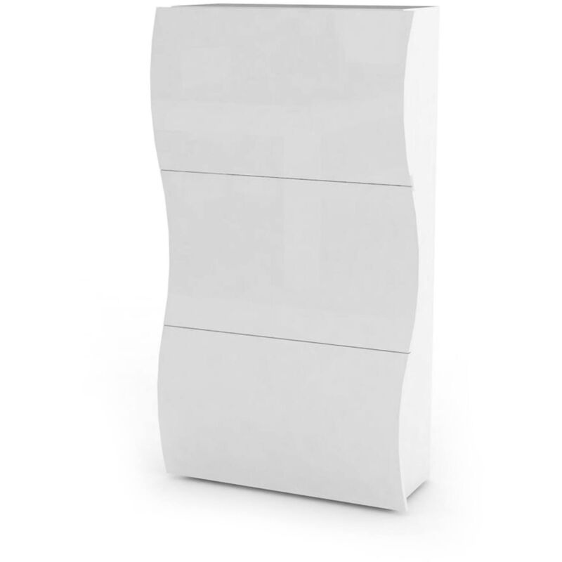 foto del prodotto scarpiera moderna, made in italy, portascarpe da ingresso, a 3 ante a ribalta, cm 71x27h122, colore bianco lucido, con imballo rinforzato dmora