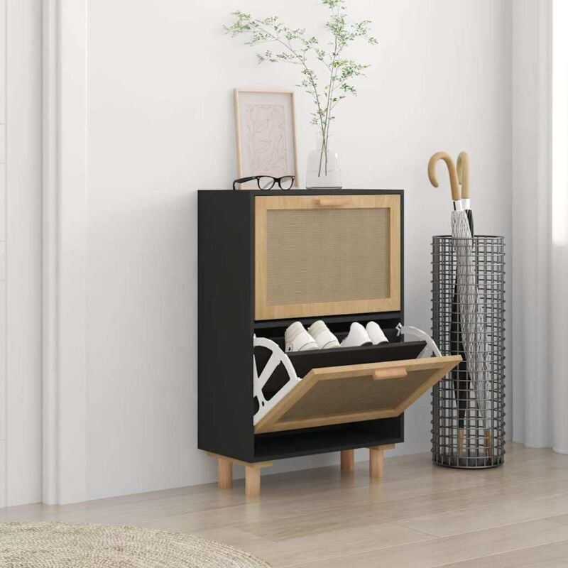 foto del prodotto scarpiera nero 52x25x80cm legno multistrato e rattan naturale vidaxl