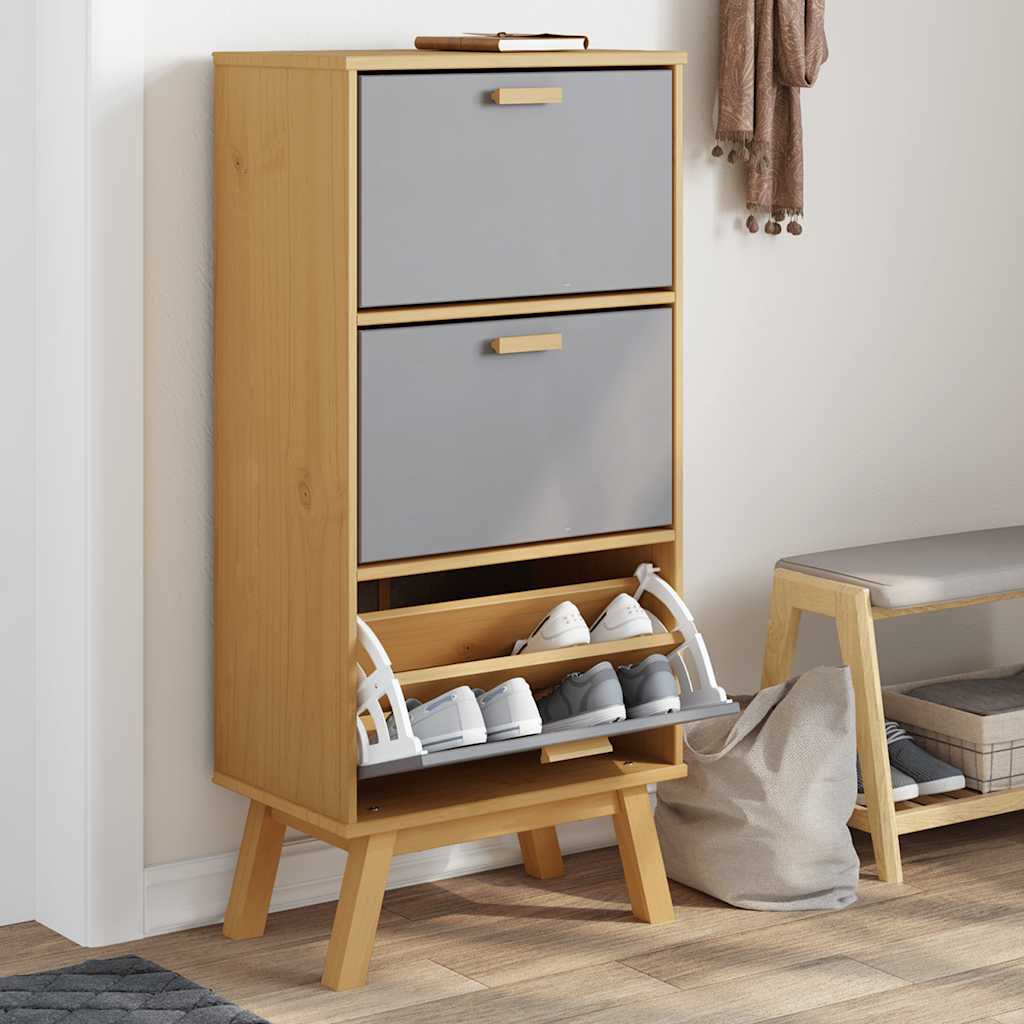 foto del prodotto scarpiera olden grigia marrone 55x35x120 cm legno massello pinocod mxl 89628